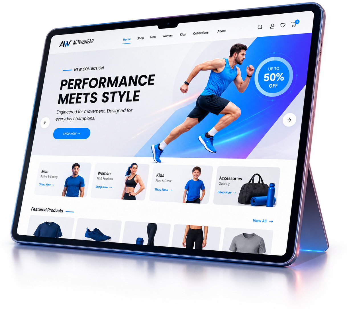A launched activewear storefront shown on a tablet